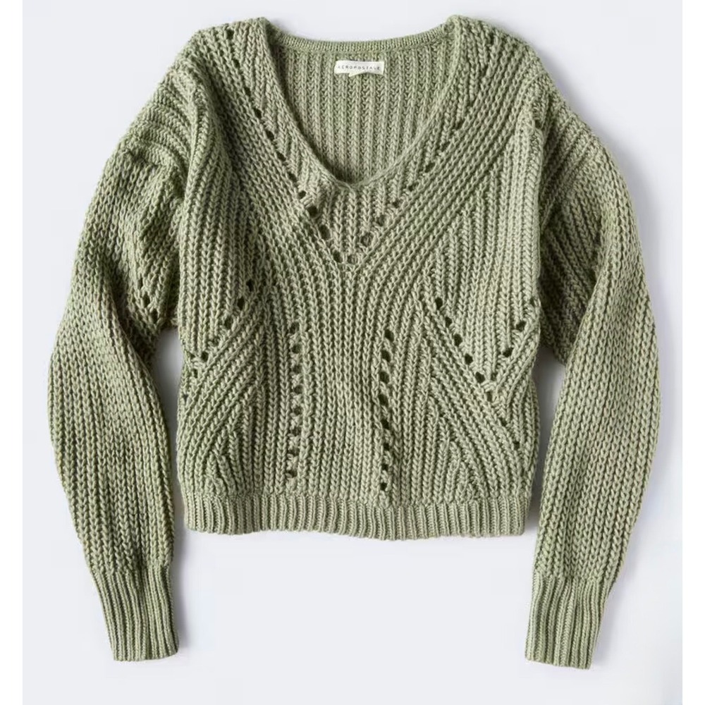 Aeropostale Womens Sage Green V-Neck Pointelle Chunky Knit Sweater Small NWT